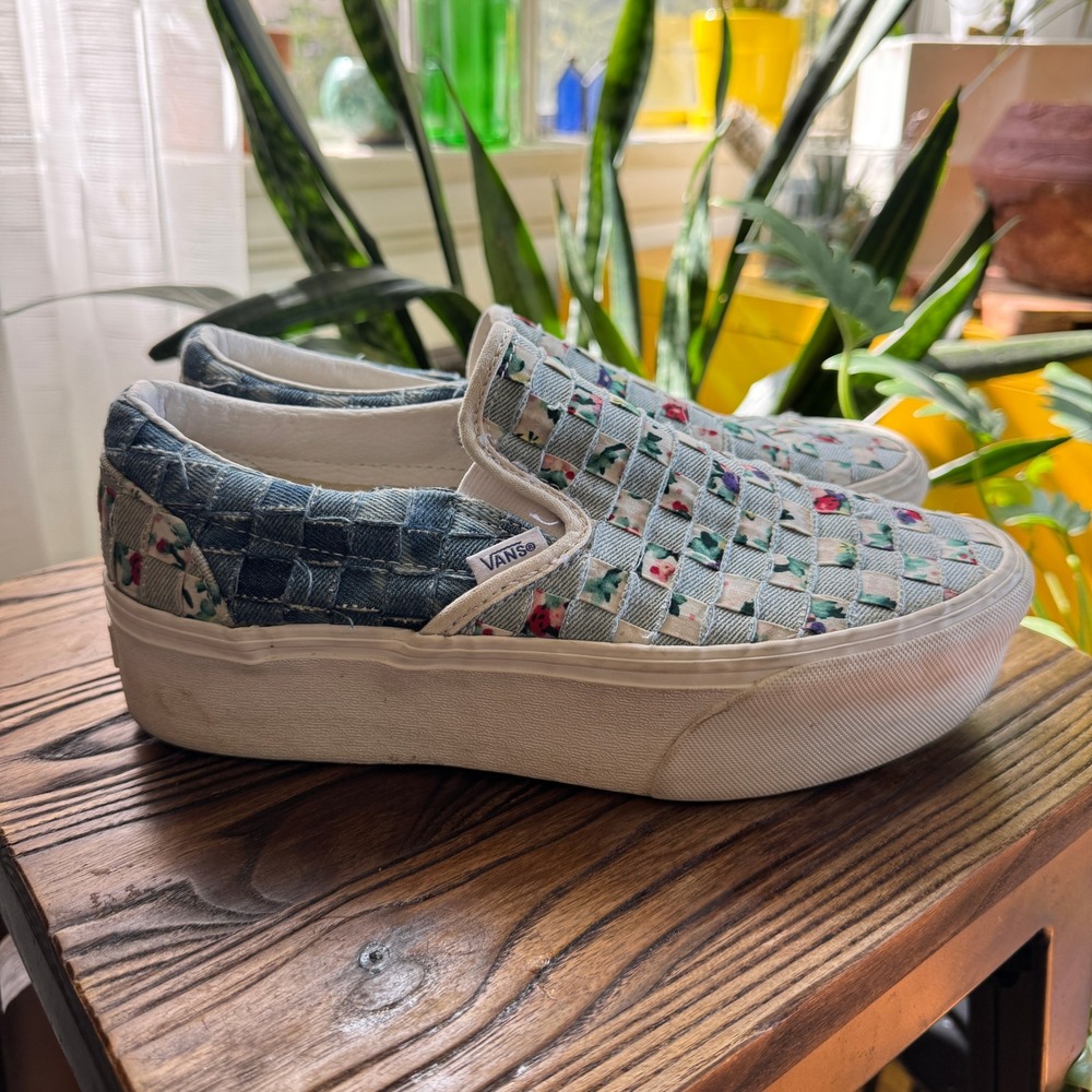 Vans Slip-On Stackform Woven Denim Floral Patchwork Platform Sneakers Womens 8 - Picture 3 of 8